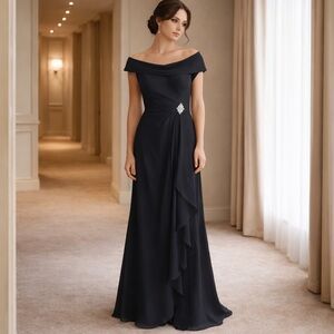 Wedding Dress Off Shoulder Drape Neckline Black Chiffon Gown Size 6